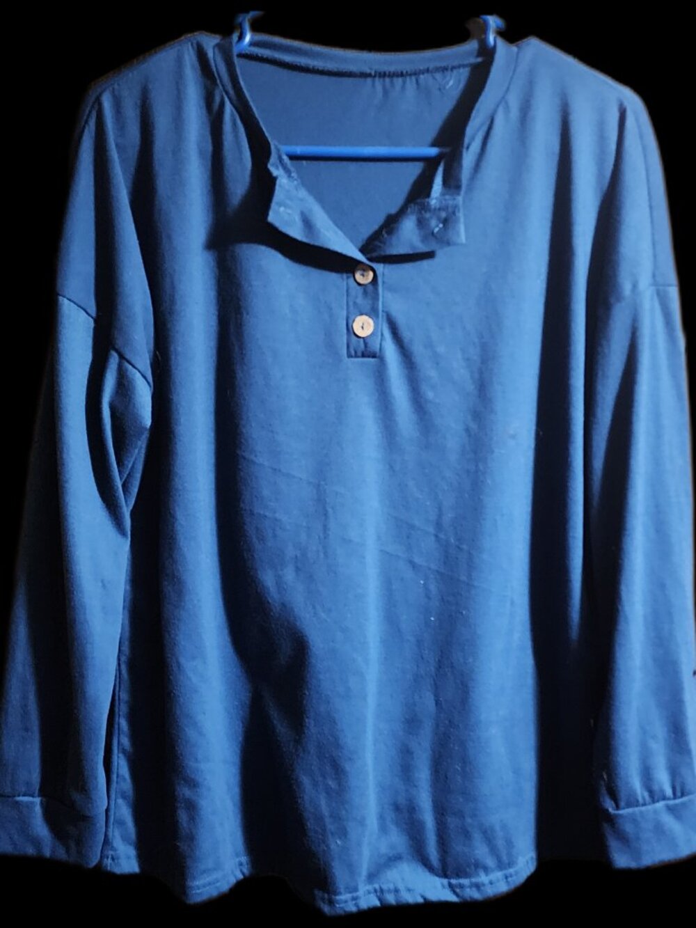 Casual Blue Long Sleeve Henley Top with Wooden Buttons Women's Size L